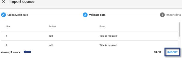 Validation Screen - Errors visible lower left - Import button lower right.