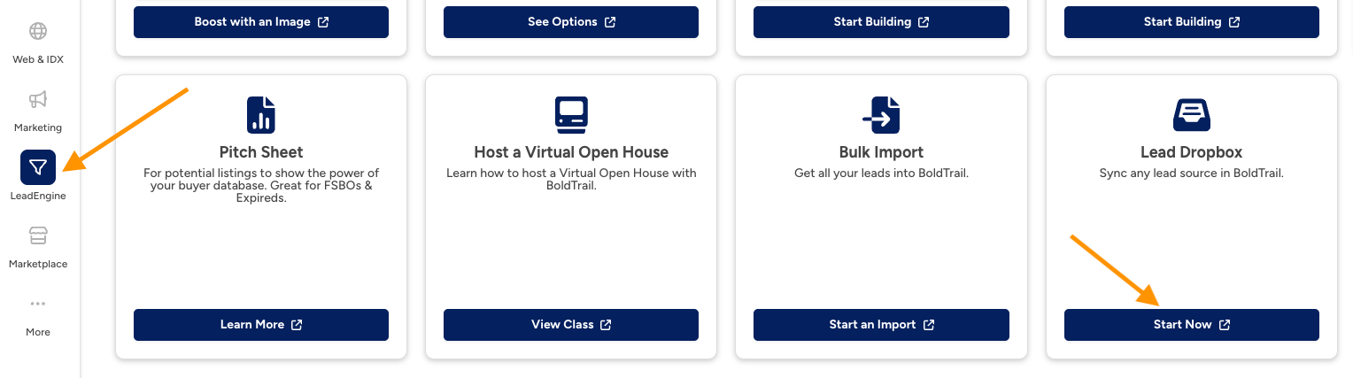 BoldTrail Lead Engine menu showing Lead Dropbox