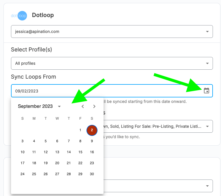 Sync Loops From field with the calendar picker open