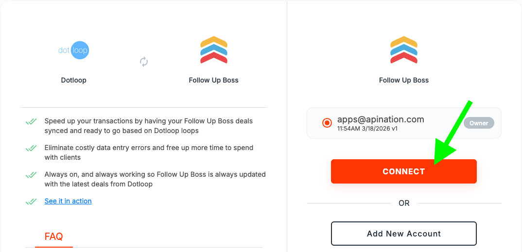 Follow Up Boss connection screen showing an account marked Owner with the Connect button