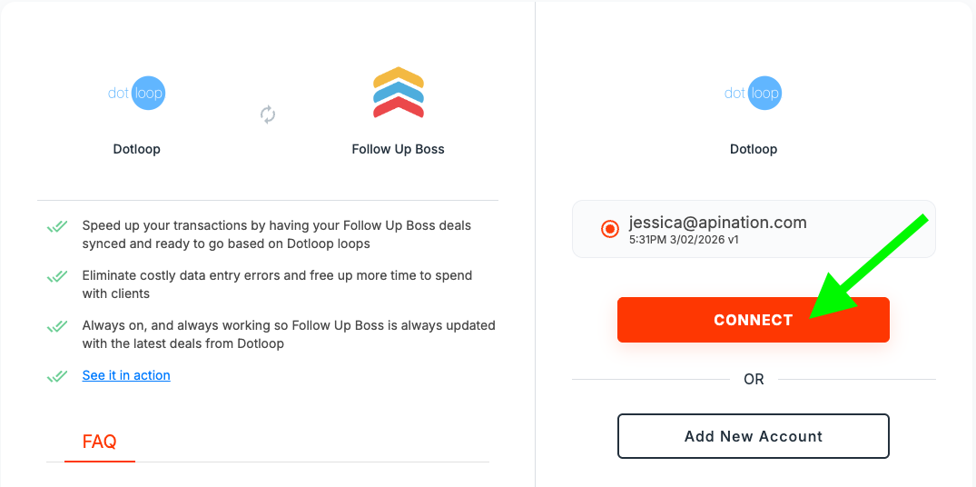 Dotloop connection screen showing an existing account with the Connect and Add New Account buttons
