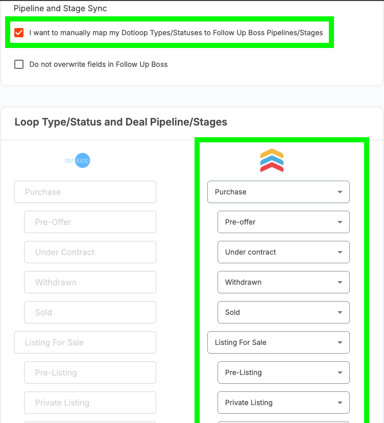 Loop Type/Status and Deal Pipeline/Stages mapping grid with the read-only Dotloop column and Follow Up Boss dropdowns