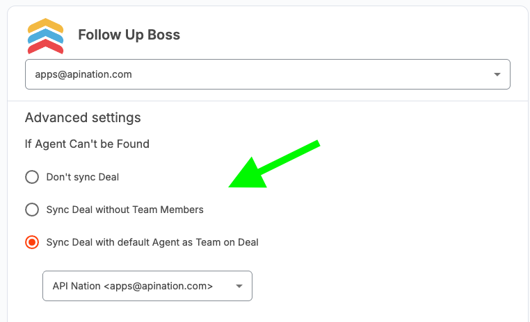 If Agent Can't be Found options with Sync Deal with default Agent as Team on Deal selected and the agent dropdown below it