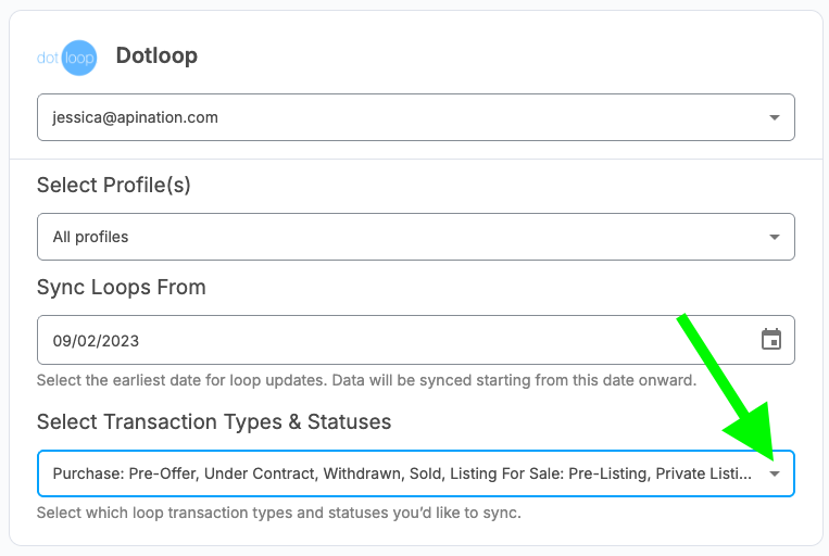 Select Transaction Types and Statuses dropdown closed, showing the selected combinations