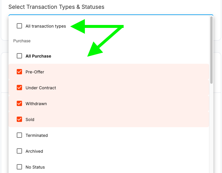 Transaction type dropdown open, showing All transaction types, All Purchase, and individual status checkboxes