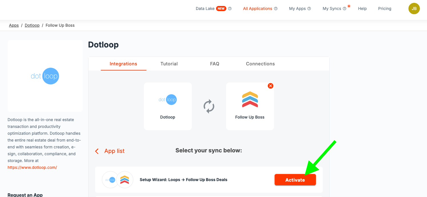 Dotloop Integrations tab with the Setup Wizard: Loops to Follow Up Boss Deals sync and its Activate button