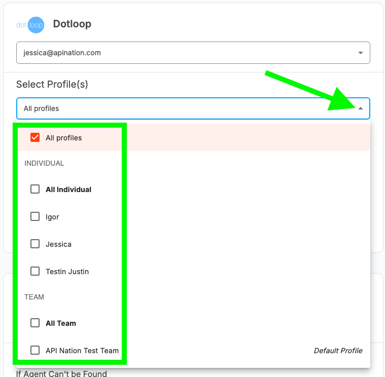 Select Profile(s) dropdown open, showing All profiles plus the Individual and Team groups and the Default Profile marker