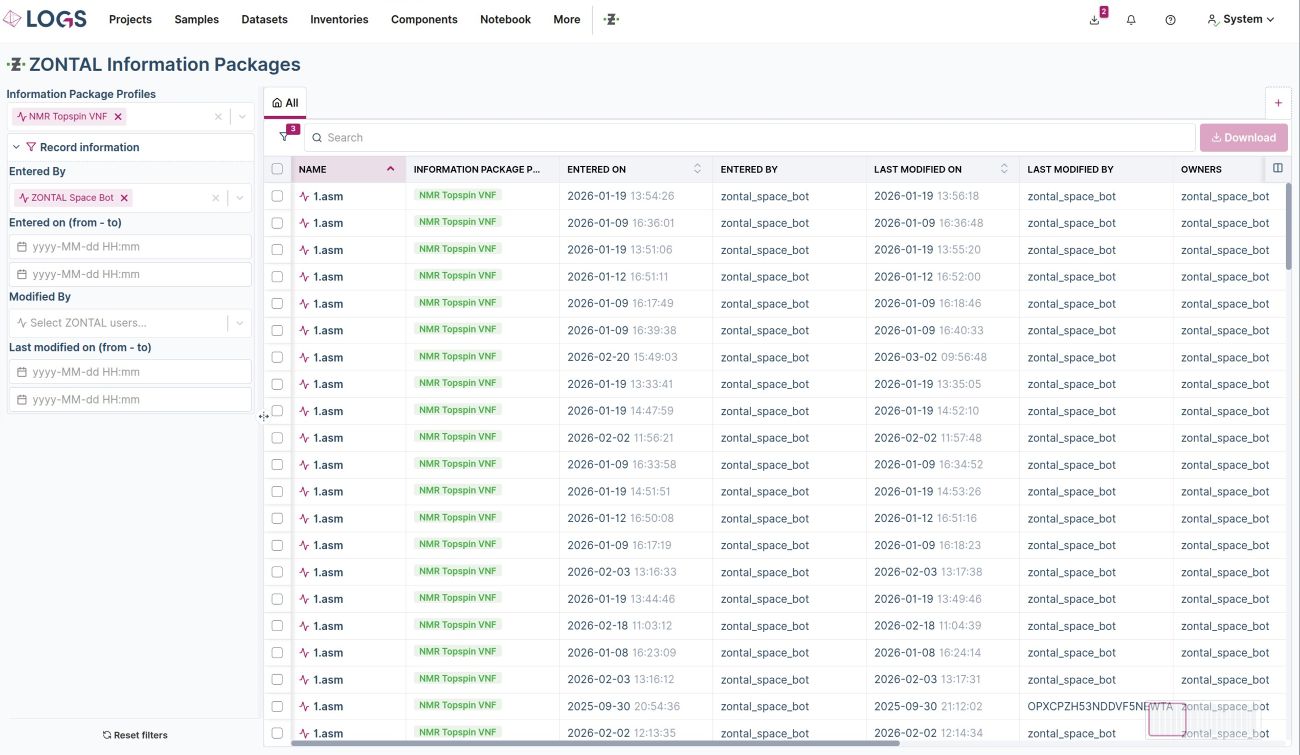 Search and filter in ZONTAL database from LOGS UI.