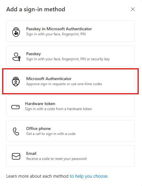 Select Microsoft Authenticator to open the app enrollment setup.