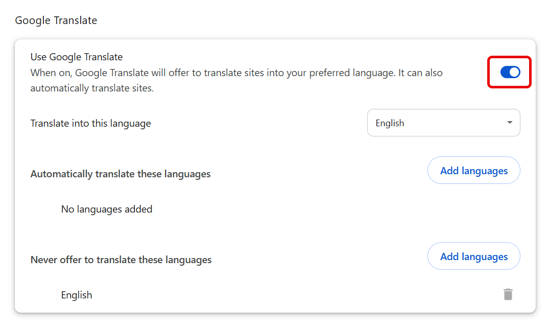 Google Translate menu with toggle to turn off Google Translate and additional translation settings