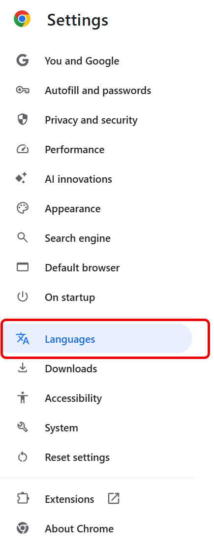 Chrome Settings menu, Languages sub-menu