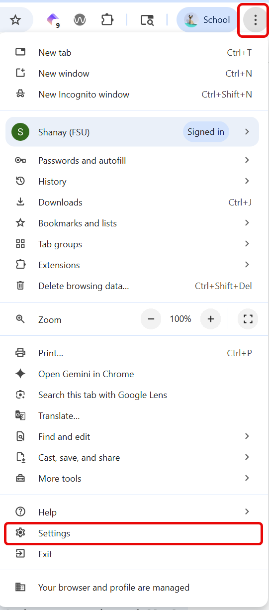 Google Chrome Settings menu