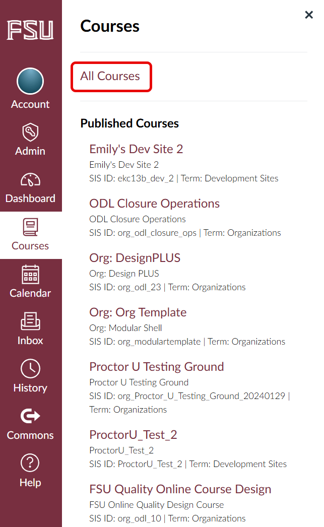 Screenshot showing the All Courses link in the Canvas global navigation menu under "Courses"