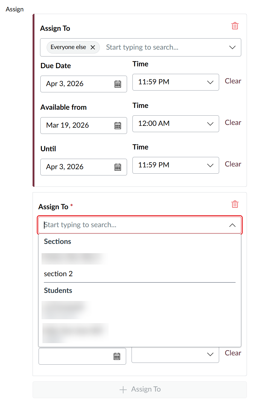 Assign to list showing sections and students that can be assigned.
