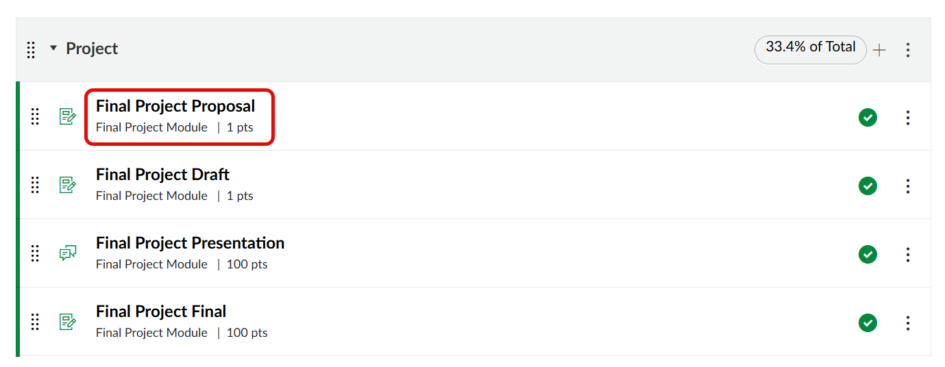Assignments list showing an example assignment title