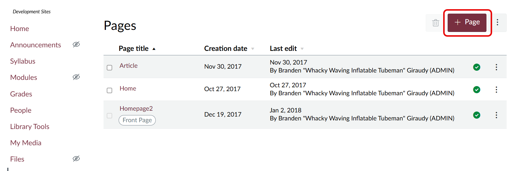 The + Page button in the upper right corner of the Pages screen