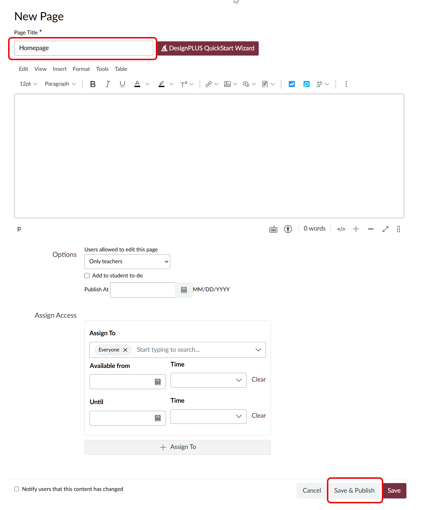 The Page editing screen with the Page Title text field and the Save & Publish button highlighted