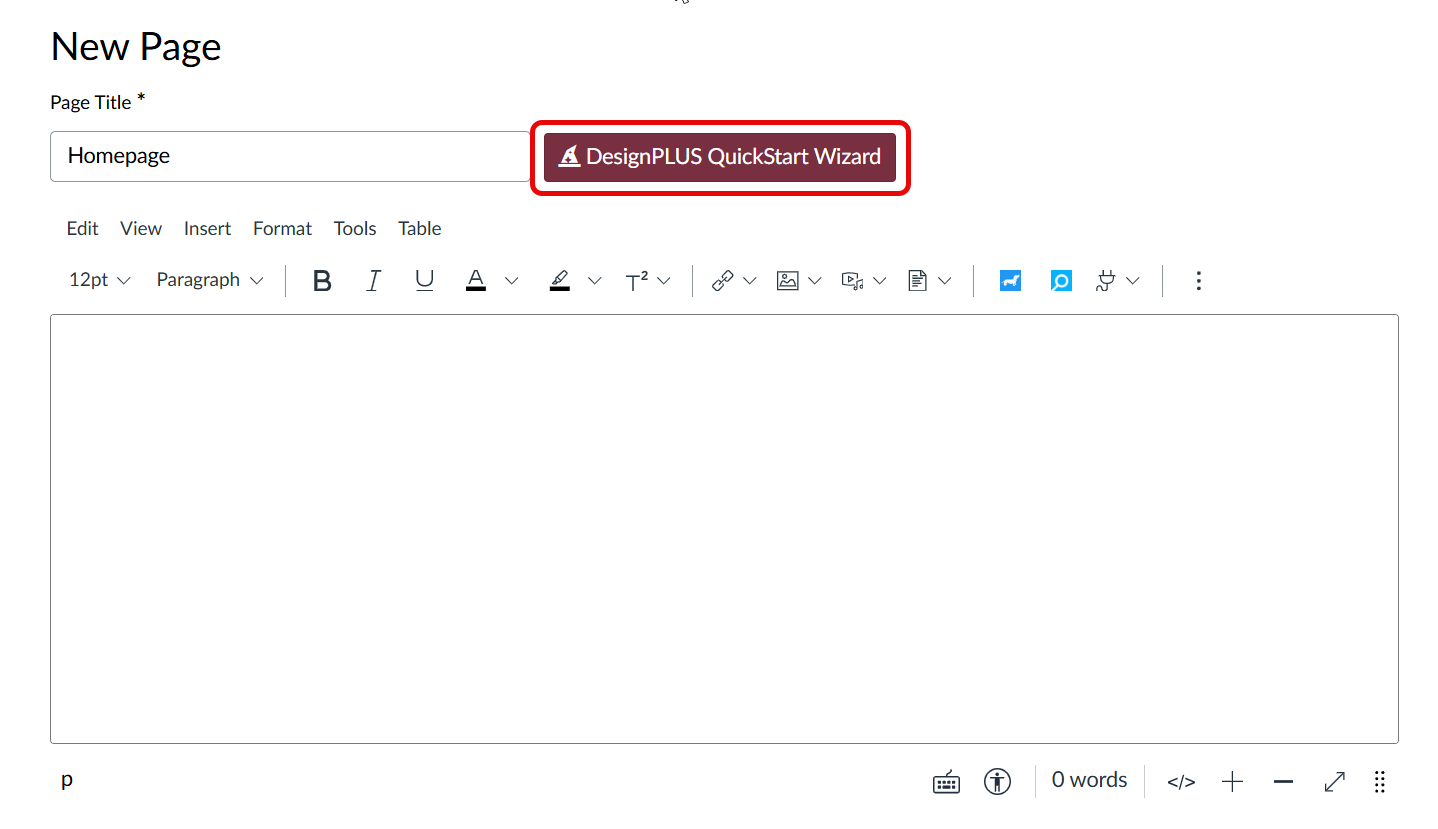 The DesignPLUS QuickStart Wizard button to the right of the Page Title text field