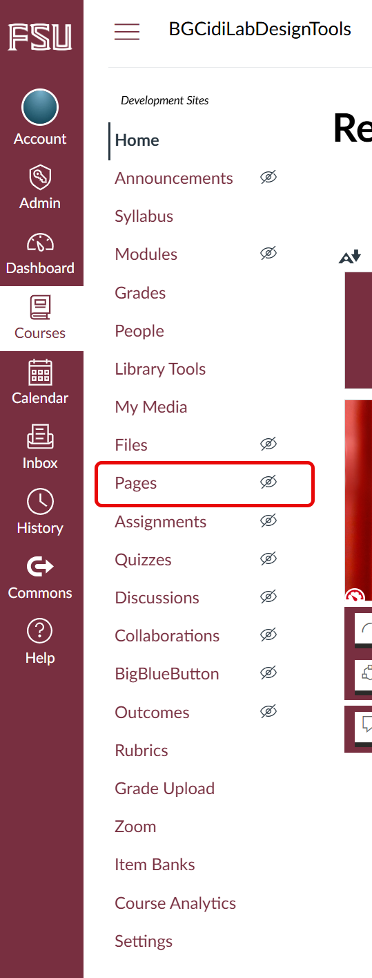 Canvas course navigation menu highlighting the Pages tab