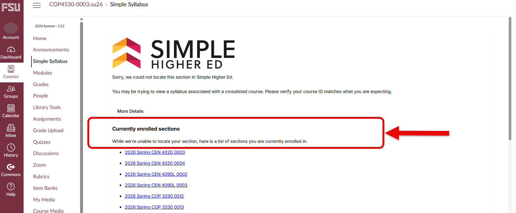 A list of currently enrolled sections which instructors may search to locate their desired section
