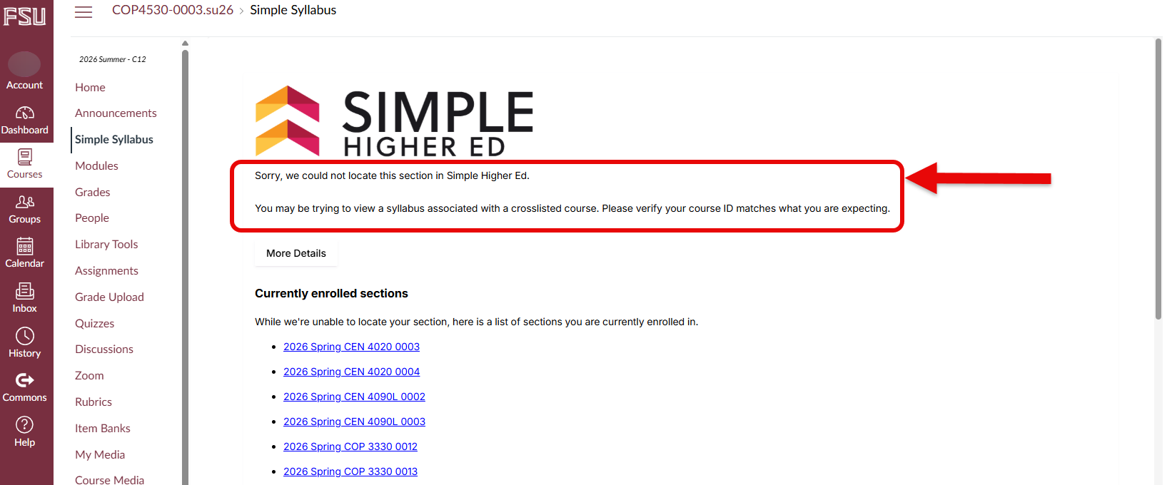 Error message that reads, Sorry, we could not locate this section in Simple Higher Ed. You may be trying to view a syllabus associated with a crosslisted course. Please verify your course ID matches what you are expecting.