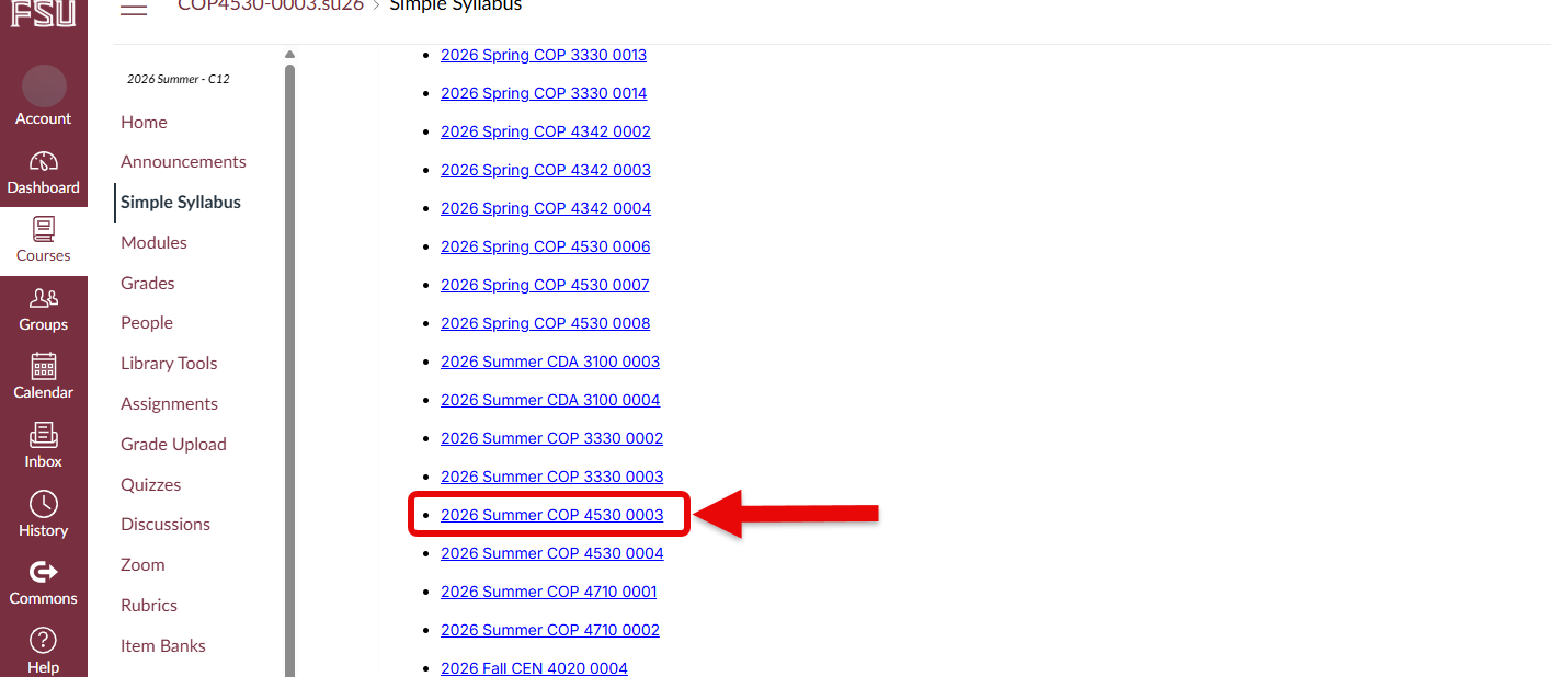 Arrow indicating the correct course section from the list