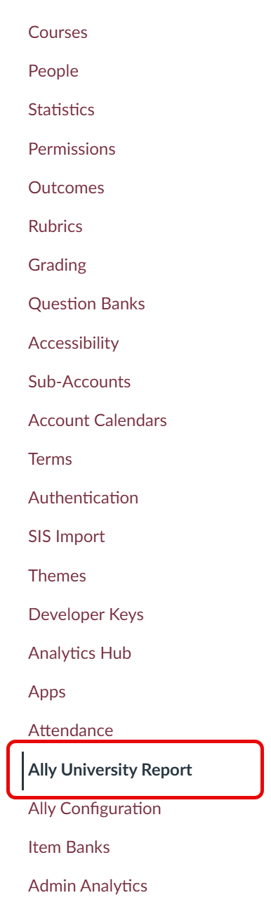 Ally University Report link in Canvas admin sidebar menu