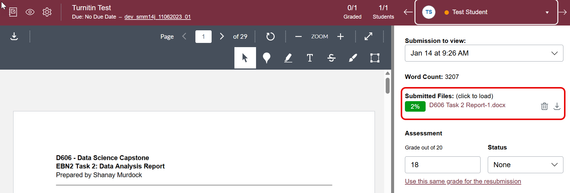 The Turnitin Originality Report displayed in SpeedGrader, showing the color-coded similarity index.