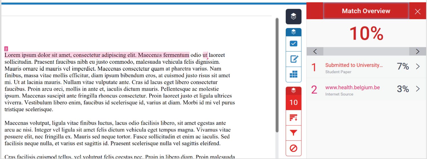 Detailed view of the Turnitin originality report, showing specific color-coded instances of similar content and their sources.