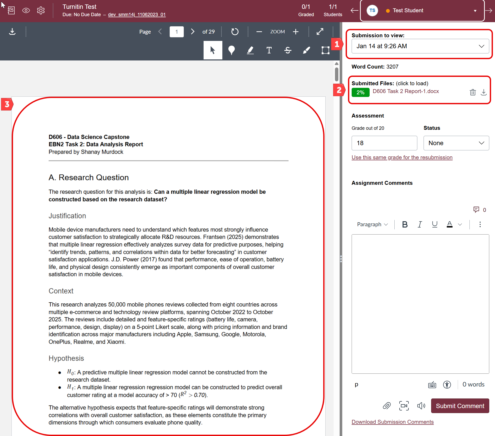 Overview of the SpeedGrader interface for Turnitin submissions, showing the submission information, originality report, and student submission.