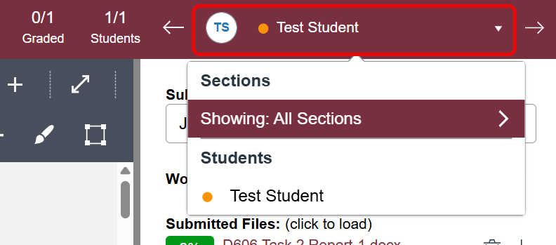 The student list dropdown in the top right corner of SpeedGrader.