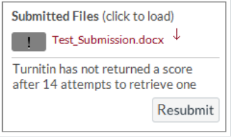 Example of a Turnitin error message in SpeedGrader, showing the error icon and options to resubmit or download the submission.