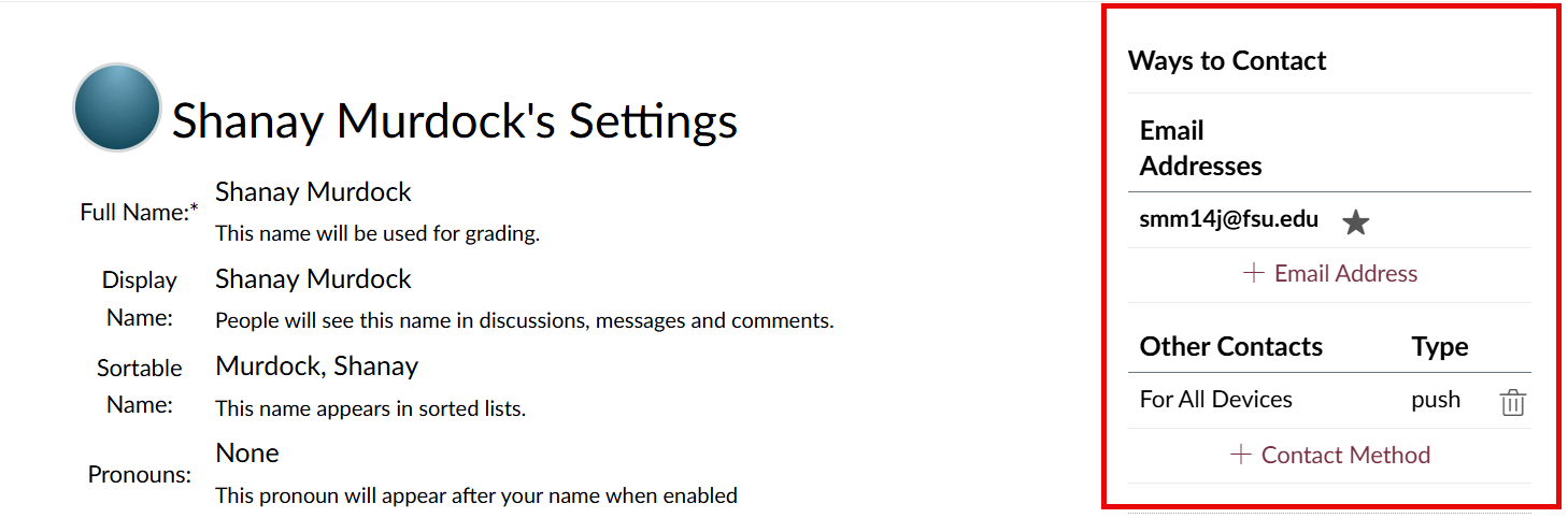 The Ways to Contact section of the Settings page showing registered email addresses