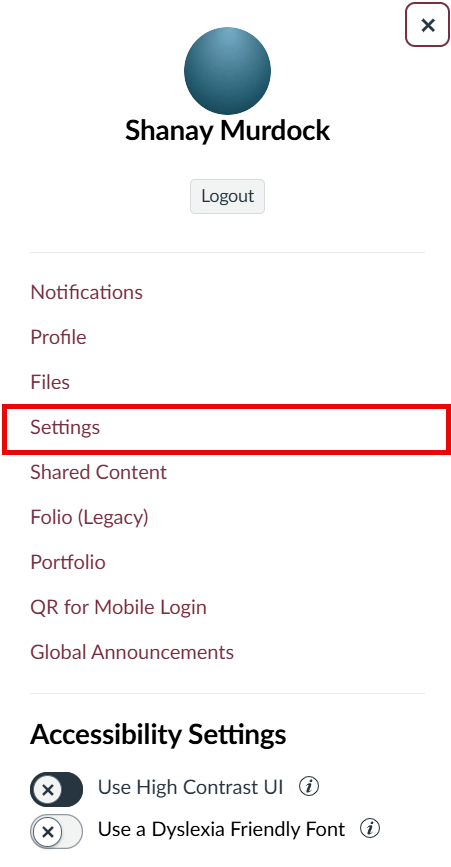 The Account slide-out menu with the Settings link highlighted.