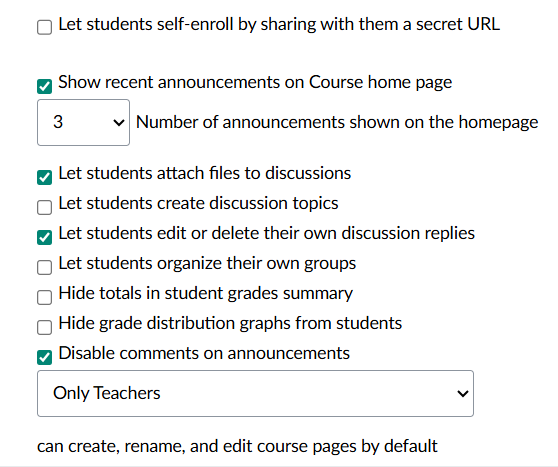 The list of additional miscellaneous course settings like announcement displays and student discussion permissions.