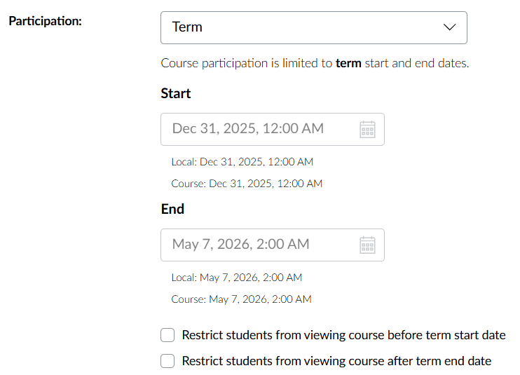 Confiugration for custom start and end dates with calendar icons.
