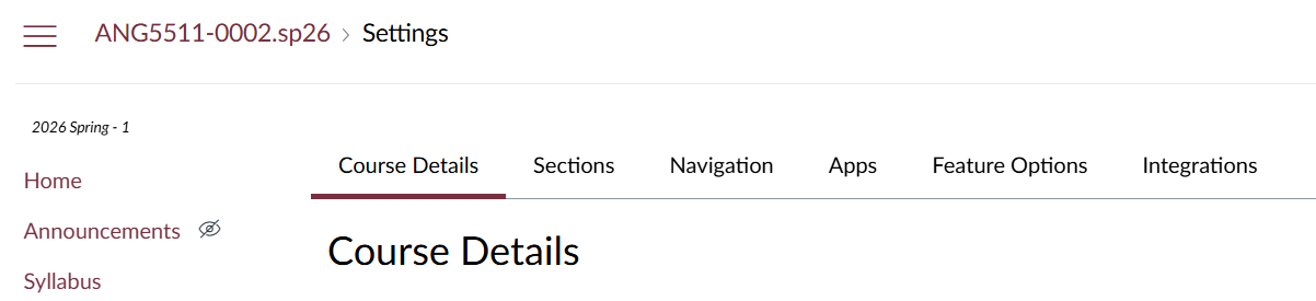 Example of how the course code appears in the upper-left navigation of the Canvas interface.