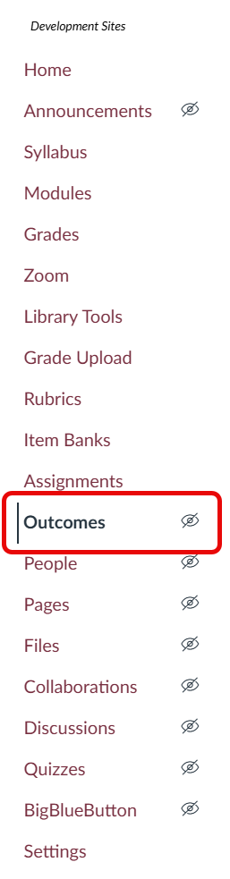 Canvas course navigation menu highlighting the Outcomes link.
