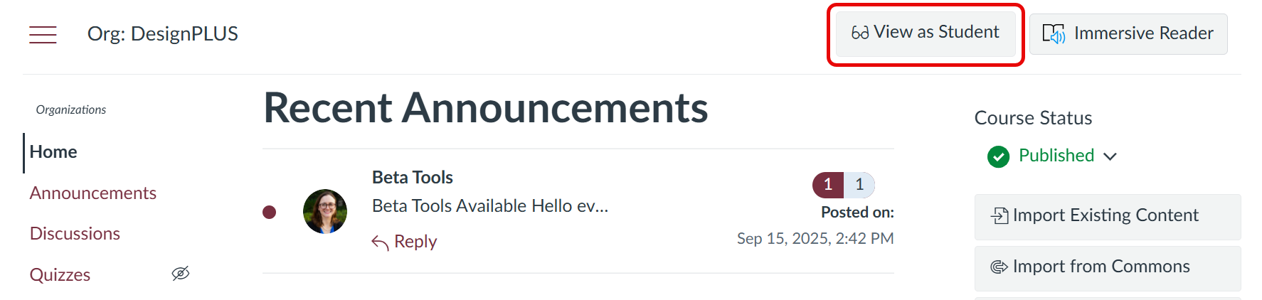 View as Student button highlighted at the top of a course page.