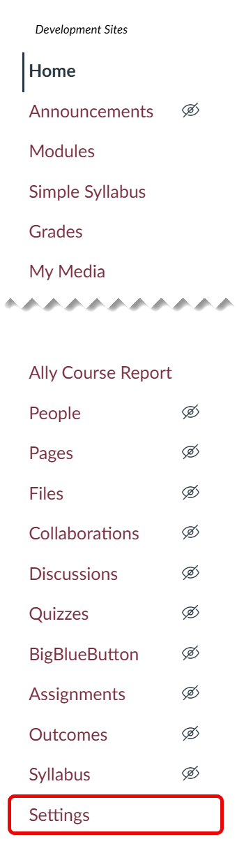 Canvas course navigation menu highlighting the Settings link at the bottom