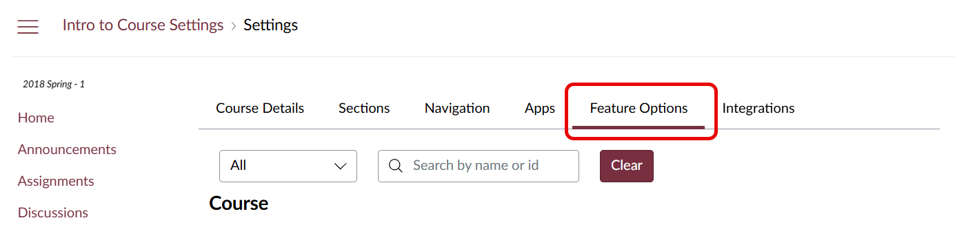 The Course Settings navigation tabs with Feature Options selected