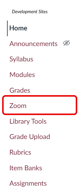 The Canvas course navigation menu highlighting the Zoom link
