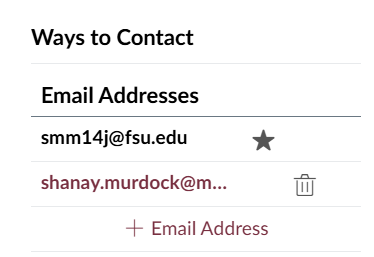List of emails in Canvas, with the FSUID having a star next to it denoting it as the default email