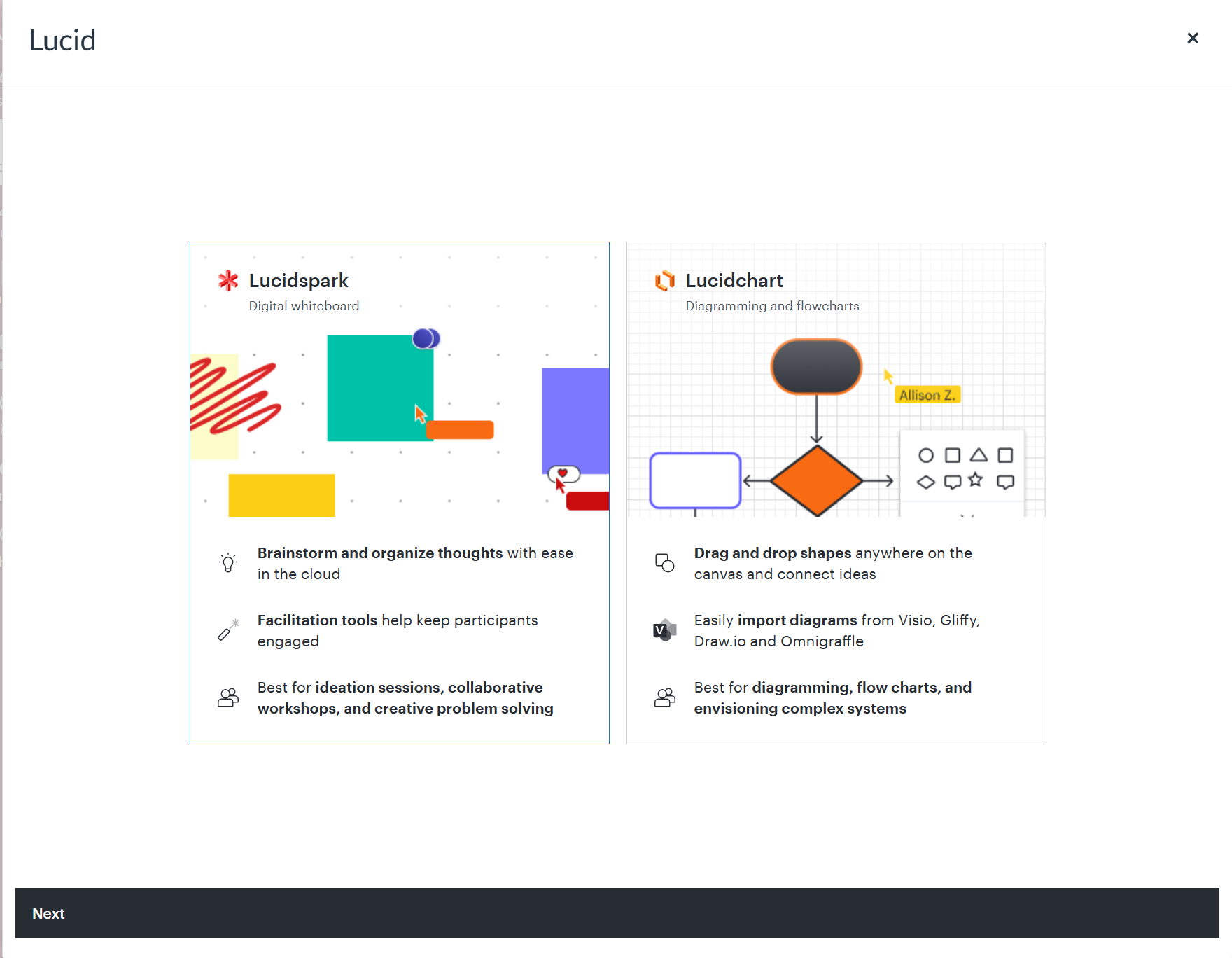 Screenshot of the Lucid workspace selection screen showing cards to select either Lucid Spark or Lucid Chart.