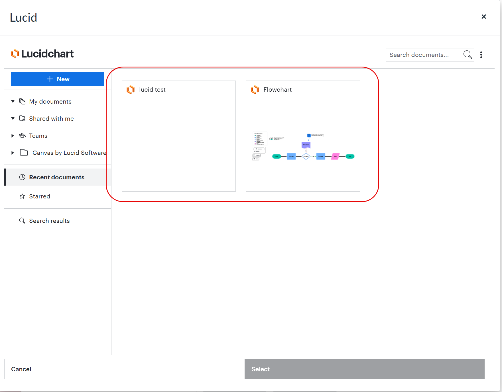 Screenshot of the user's Lucid document library interface showing existing documents and a '+New' document option.