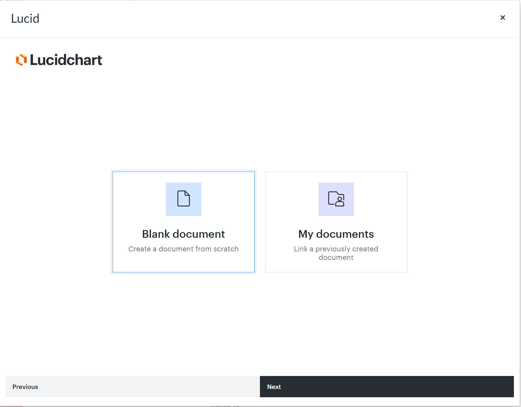 Screenshot of the document step option showing options for a Blank document or navigating My Documents.