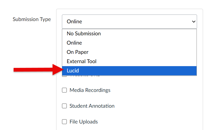 Screenshot of the Submission Type dropdown configuration menu with Lucid selected.