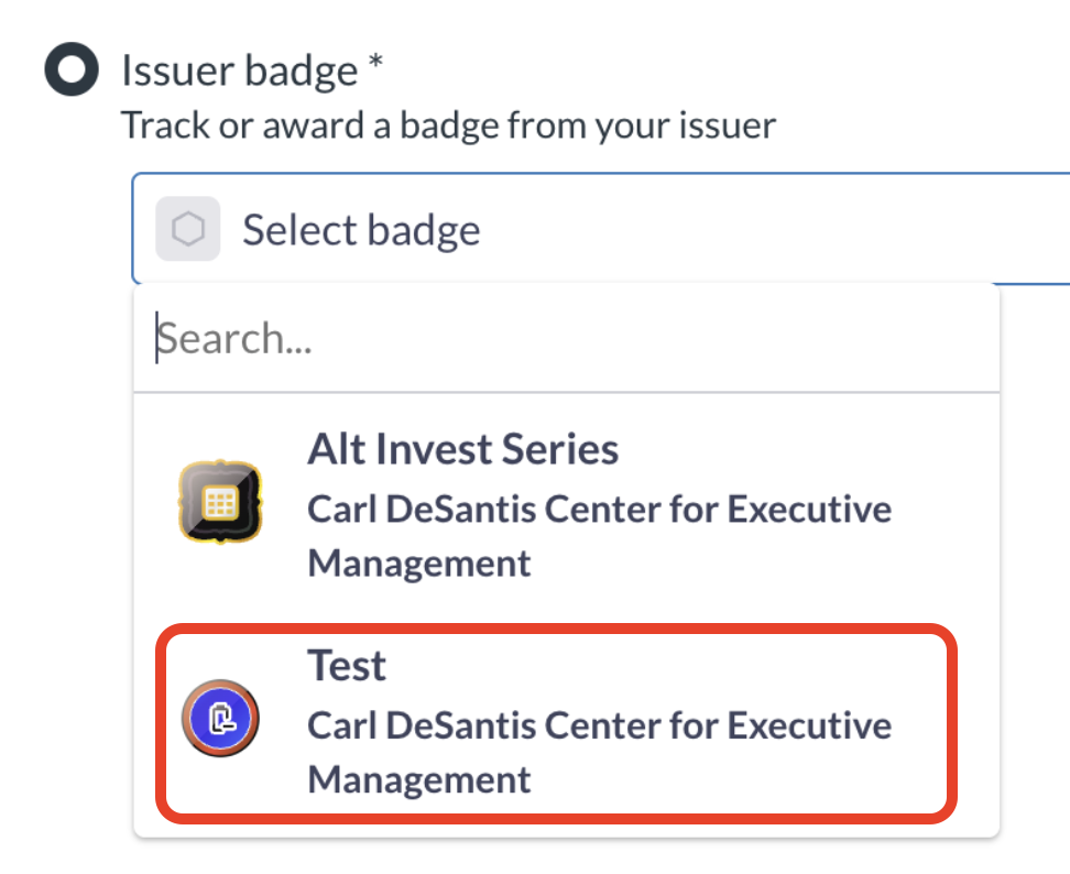 Badge selection from Issuer Dropdown menu
