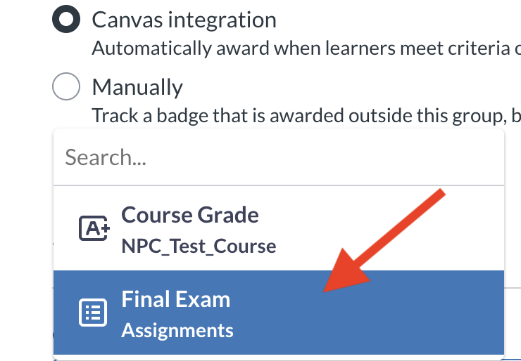 Specify Requirements dropdown menu where Final exam is being selected