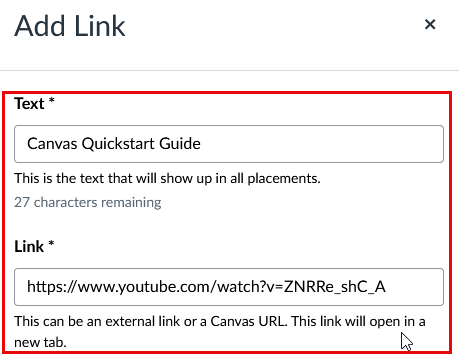 red box surrounding the Text and Link boxes